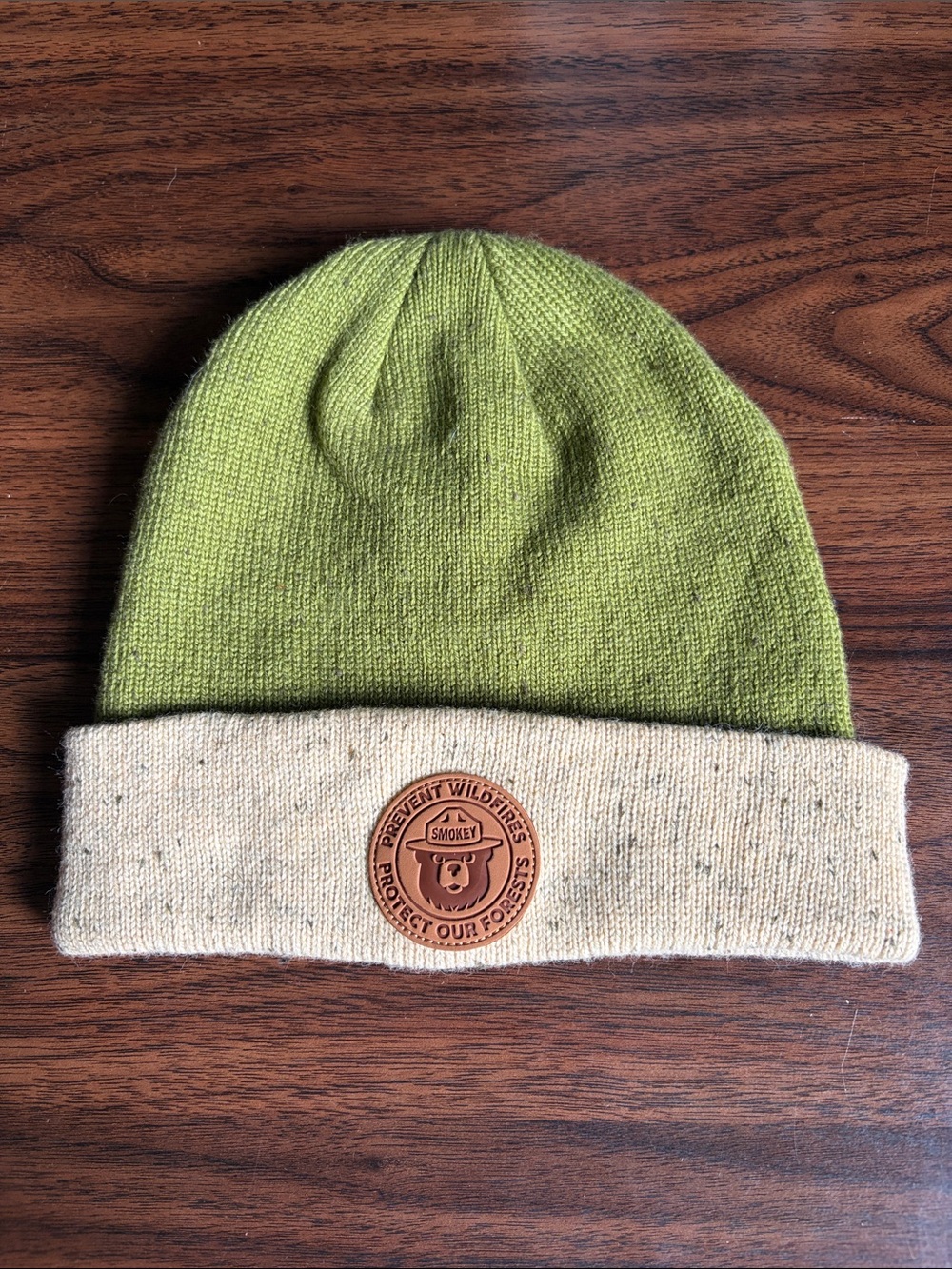 Green and Cream Knit Beanie with Smokey Bear Patch